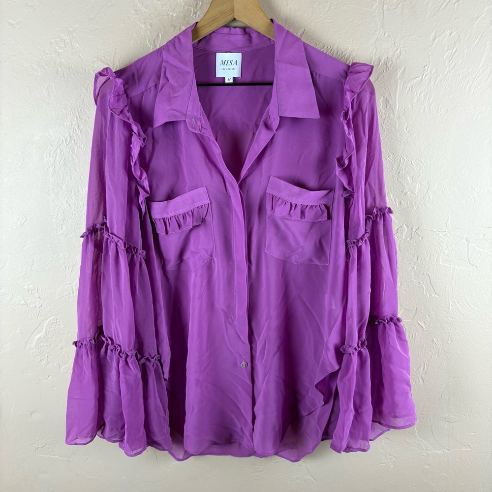 Misa Los Angeles Women's Pink Ruffle Top Bell Sleeves Ruffle Sheet Size Medium